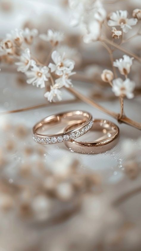 Engagement rings on white linen with baby's breath
