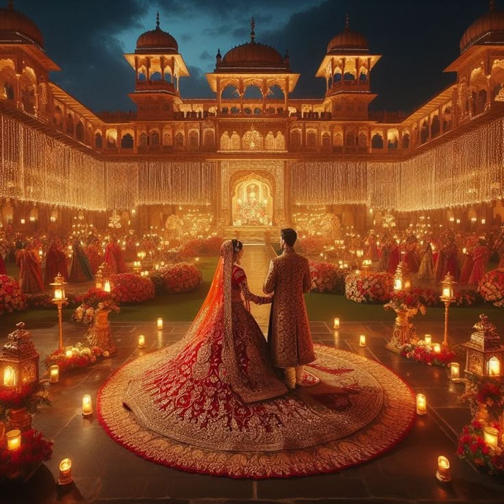 Royal palace wedding at night with candles and the couple