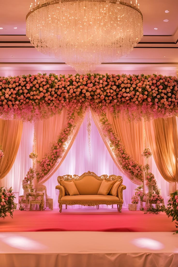 Sangeet stage with pink floral chandelier and gold sofa